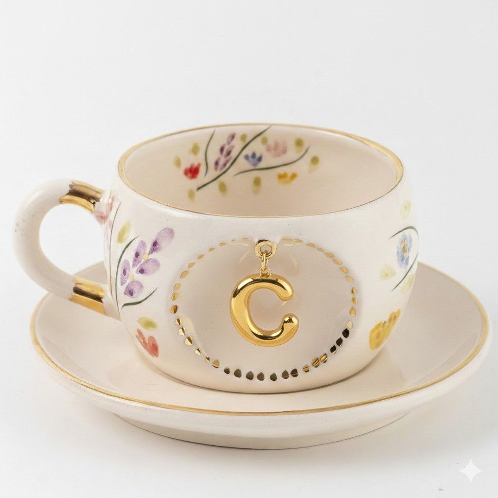 Porcelain letter mug and saucer with floral trim and gold C medallion