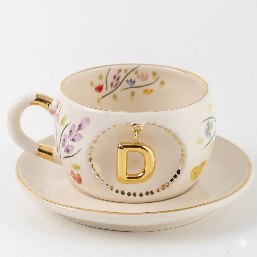 Porcelain letter mug and saucer with floral trim and gold D medallion