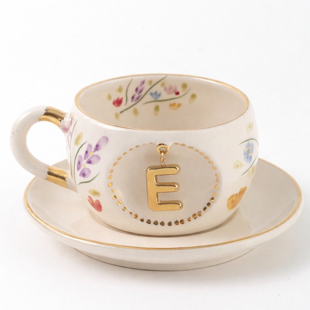 Porcelain letter mug and saucer with floral trim and gold E medallion