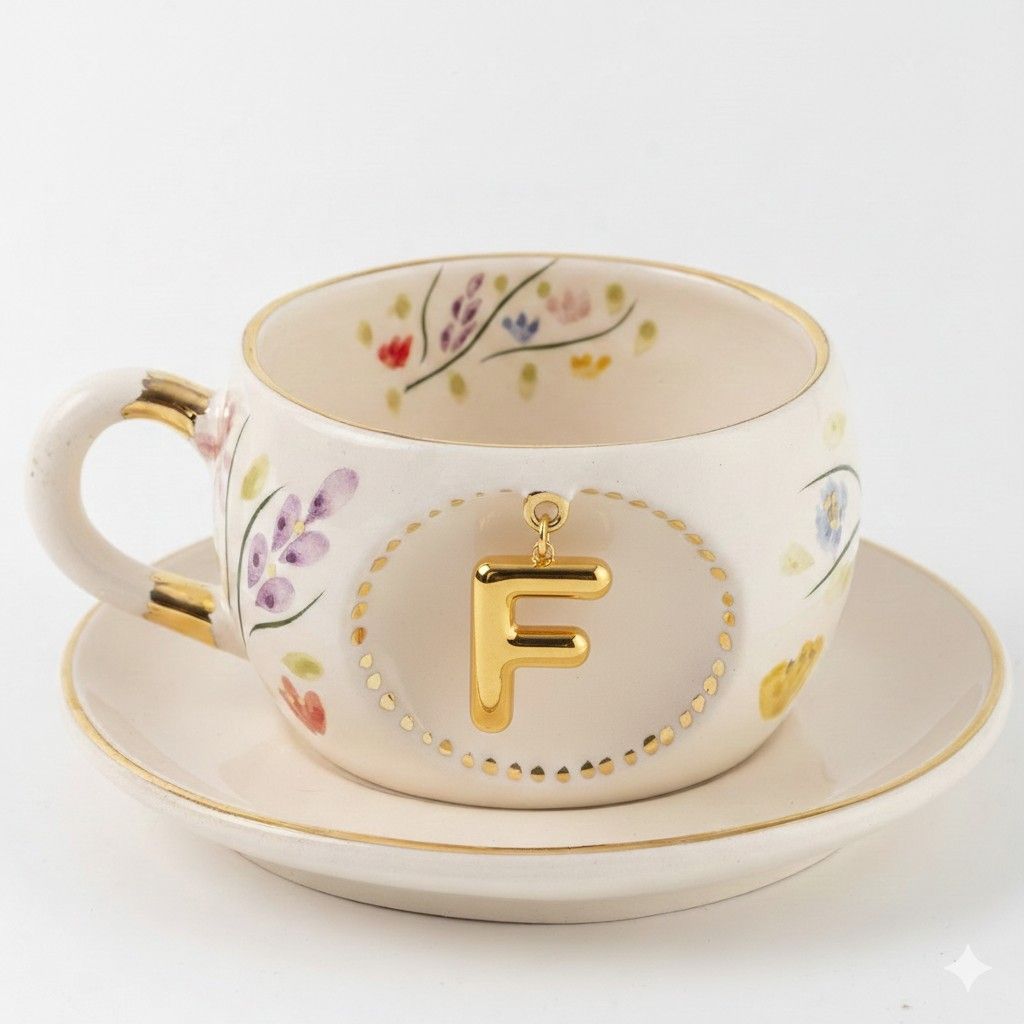 Porcelain letter mug and saucer with floral trim and gold F medallion