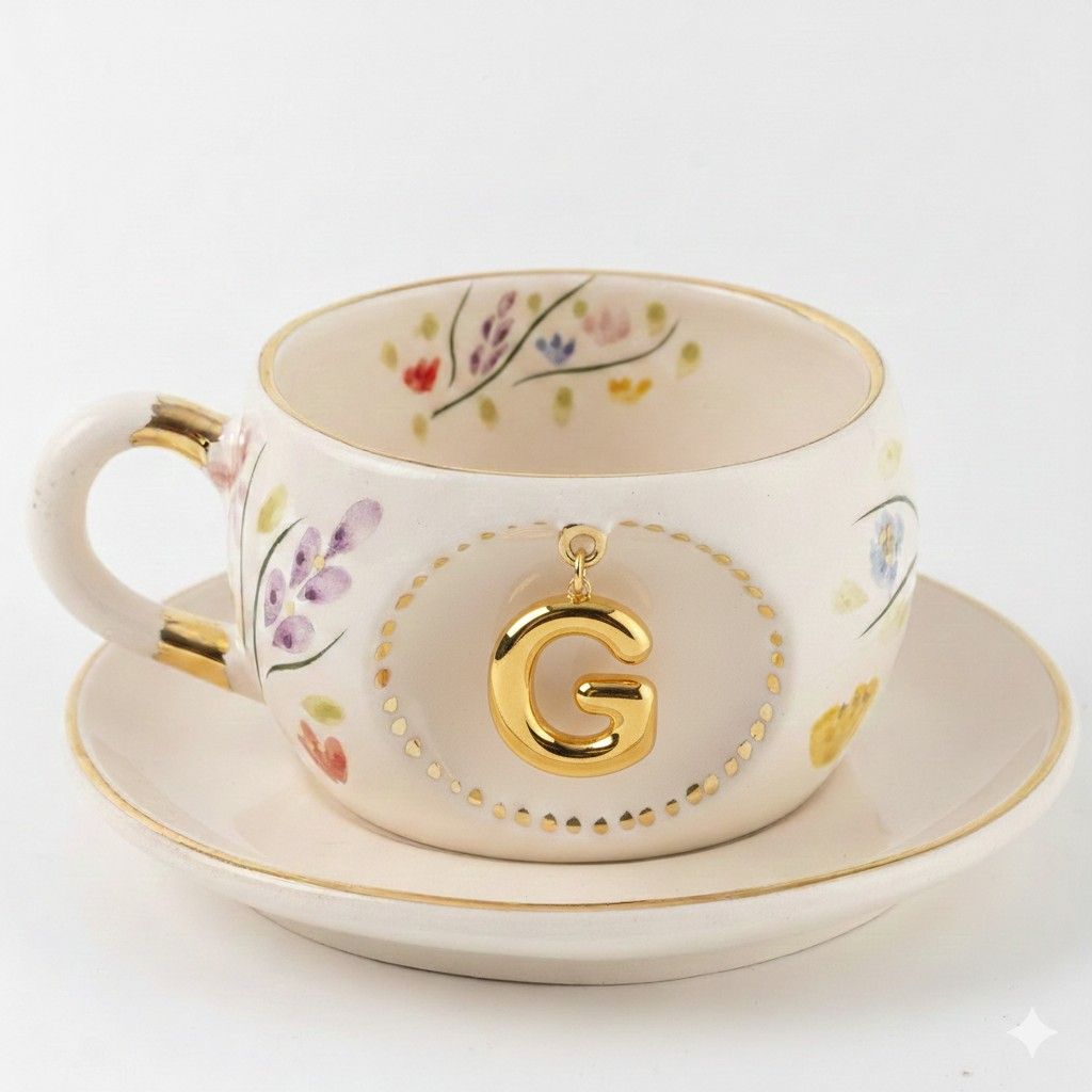 Porcelain letter mug and saucer with floral trim and gold G medallion