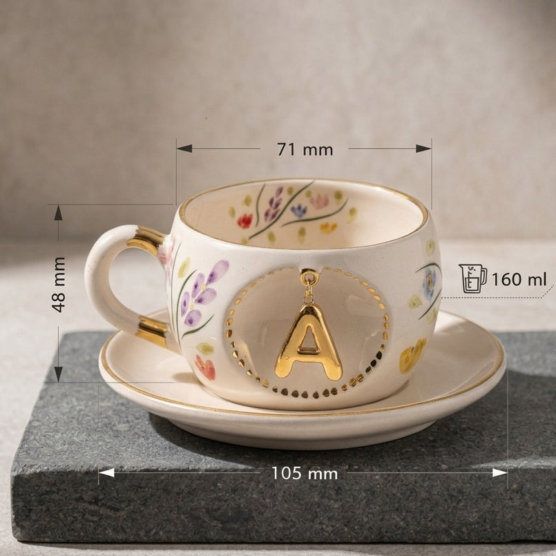 Porcelain letter mug with saucer, floral pattern, gold trim, letter A, 160 ml