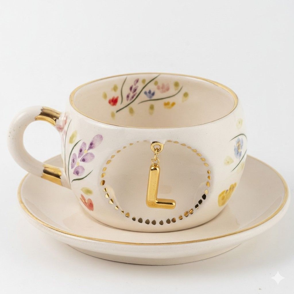 Porcelain letter mug with floral design, gold letter L on front and matching saucer.