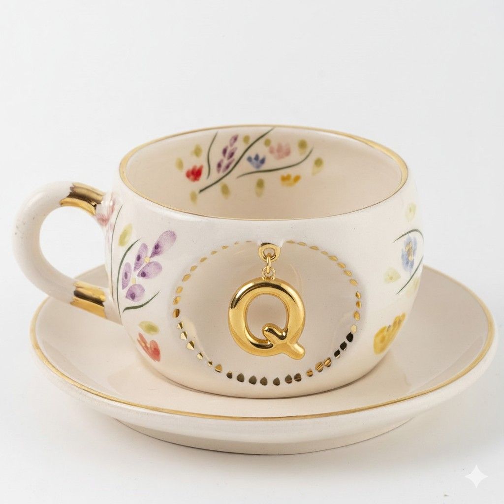 Porcelain letter mug with floral design, gold letter Q on front and matching saucer.