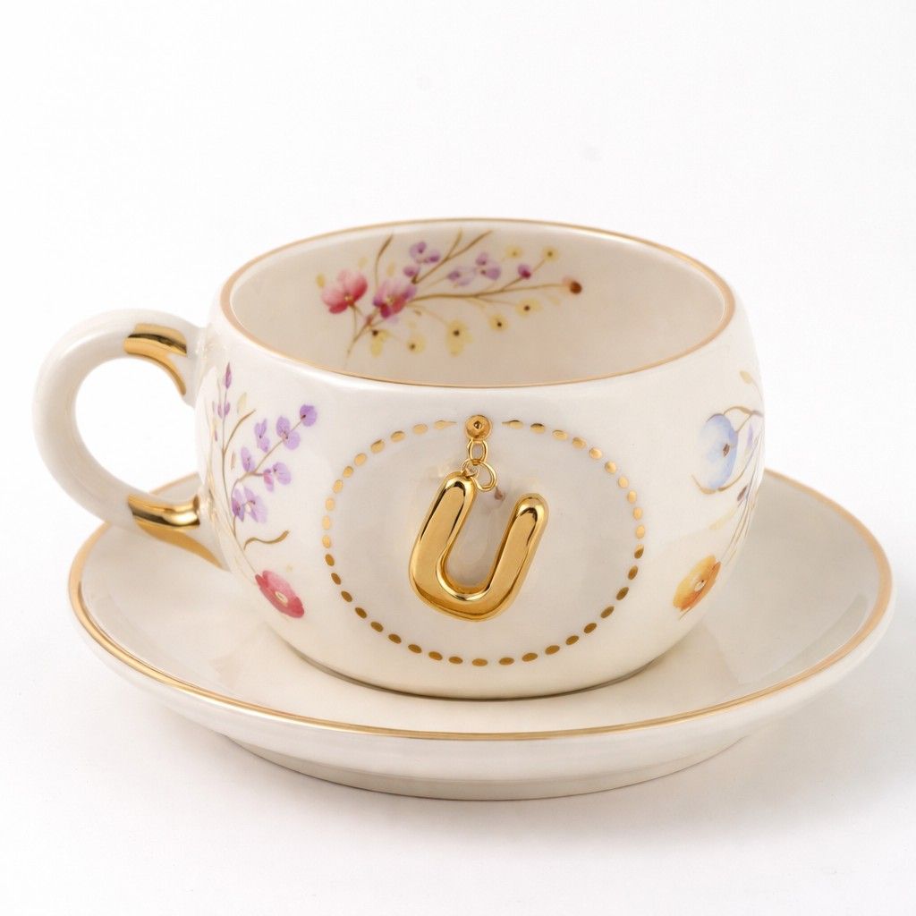 Porcelain letter mug with saucer, gold U charm and spring floral pattern