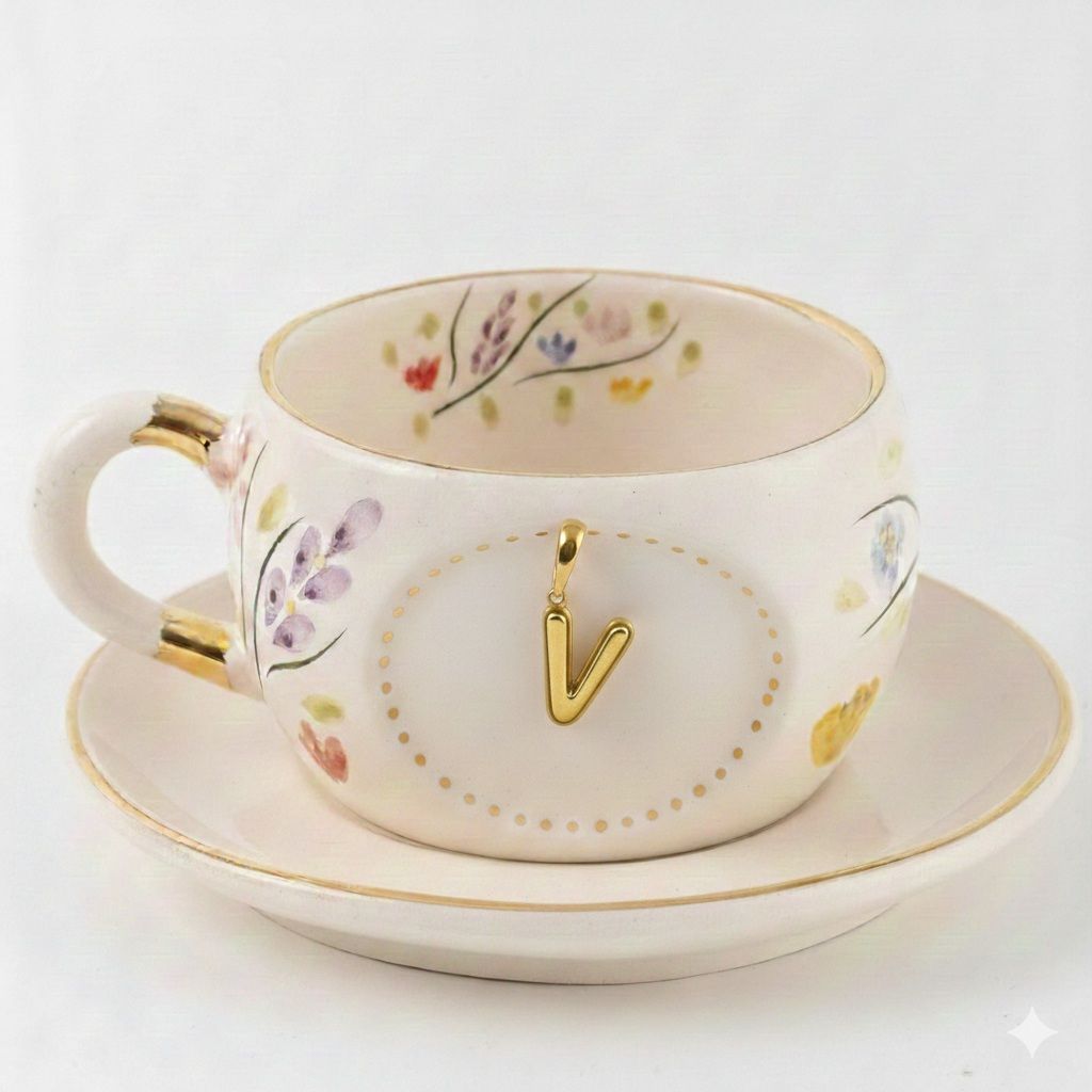 Porcelain letter mug with saucer, gold V charm and spring floral pattern