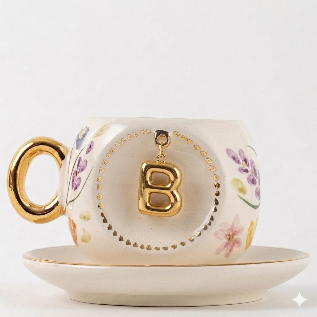 Porcelain Turkish coffee cup and saucer set with gold handle and letter B in gold frame
