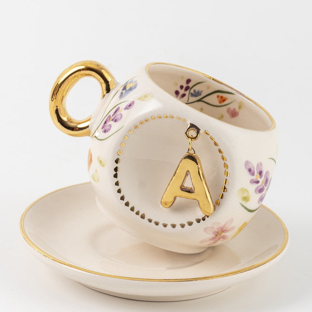 Porcelain Turkish coffee cup with handle, gold A letter charm and floral pattern, 130ml