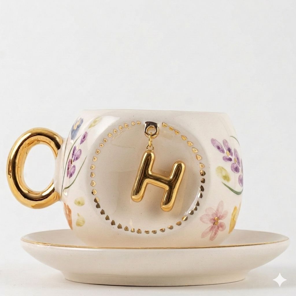 Porcelain Turkish coffee cup with handle, gold H letter charm and spring floral details, 130ml