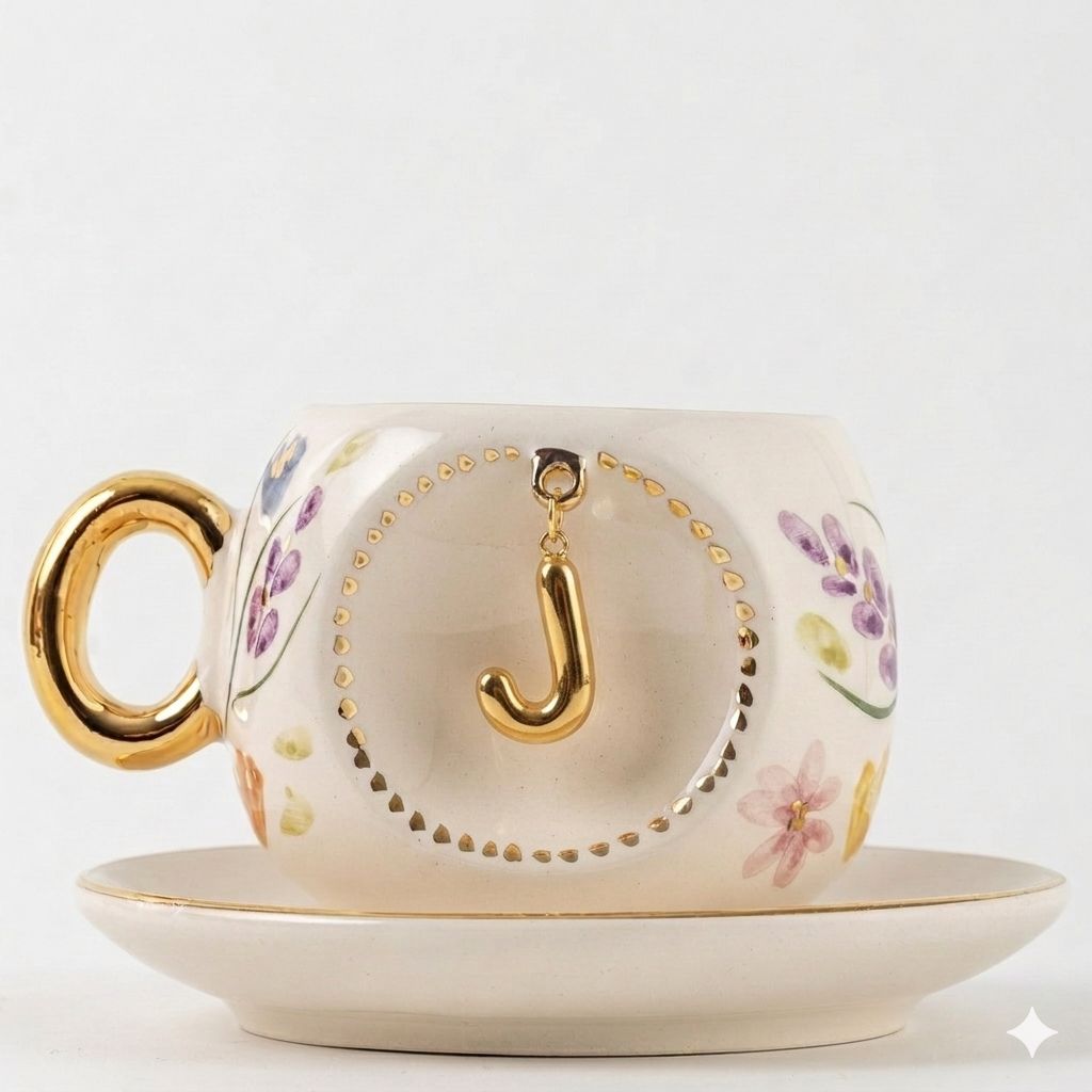 Porcelain Turkish coffee cup with handle, gold J letter charm and spring floral details, 130ml