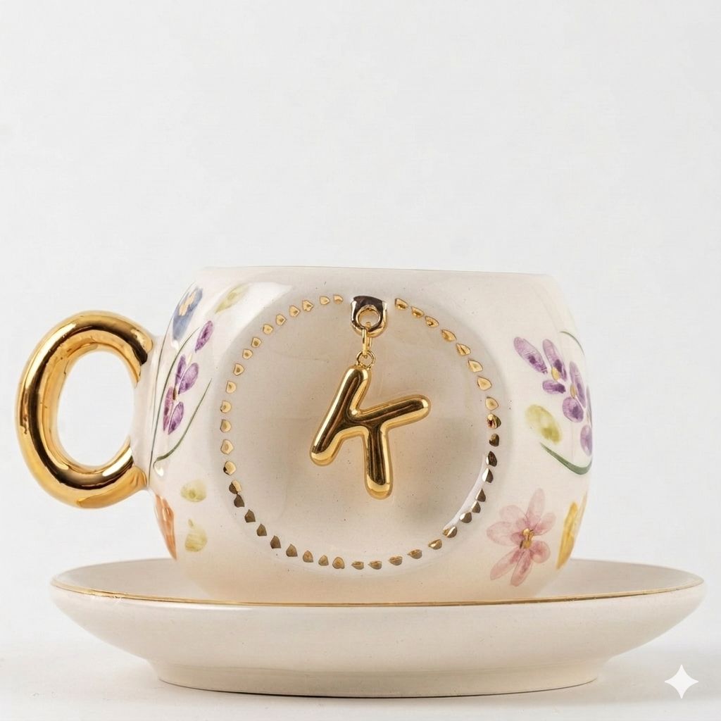 Porcelain Turkish coffee cup and saucer with gold rim, floral design, letter T