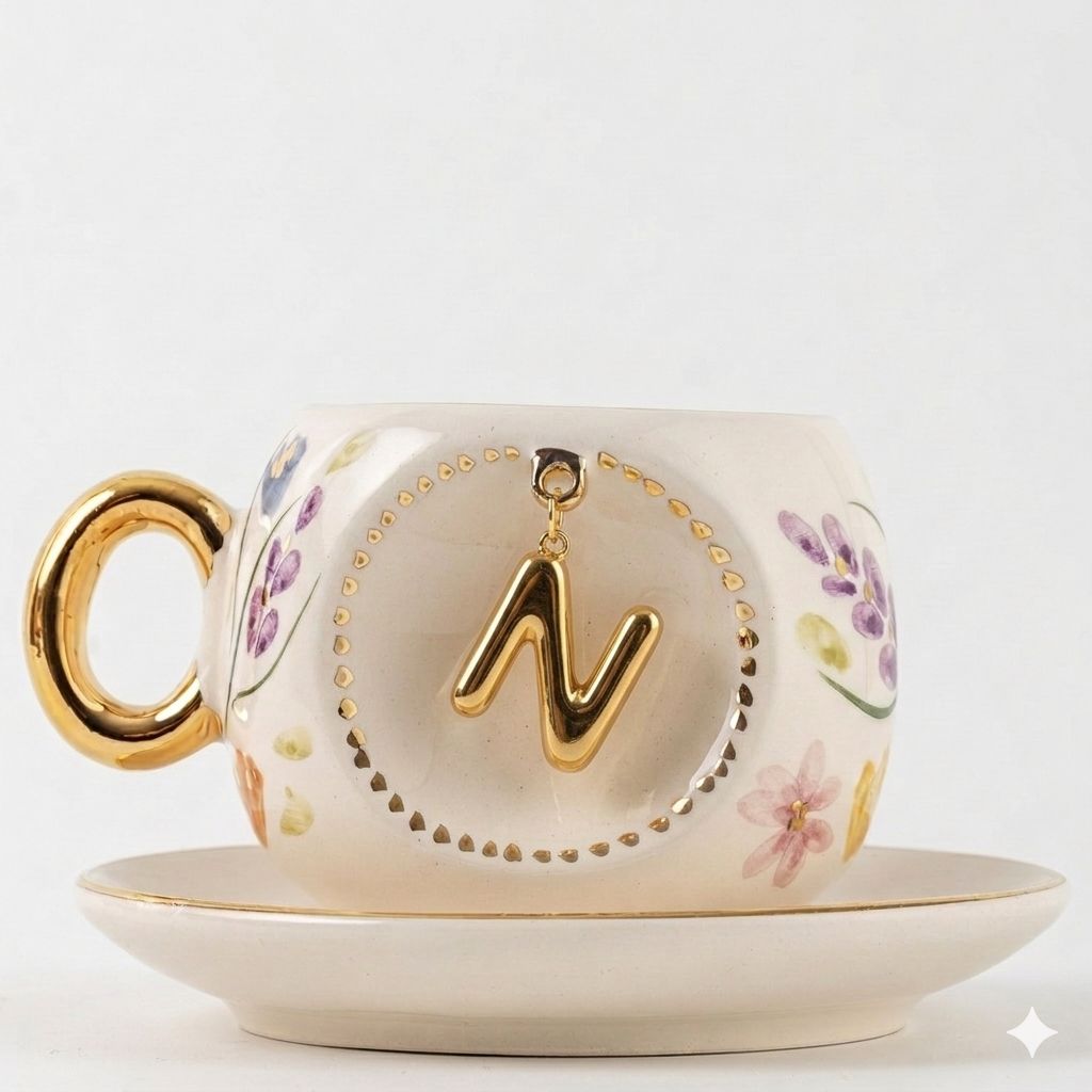 Porcelain Turkish coffee cup and saucer with gold rim, floral design, letter N