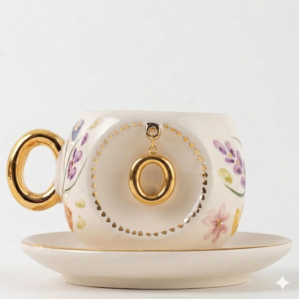 Porcelain Turkish coffee cup and saucer with gold rim, floral design, letter O