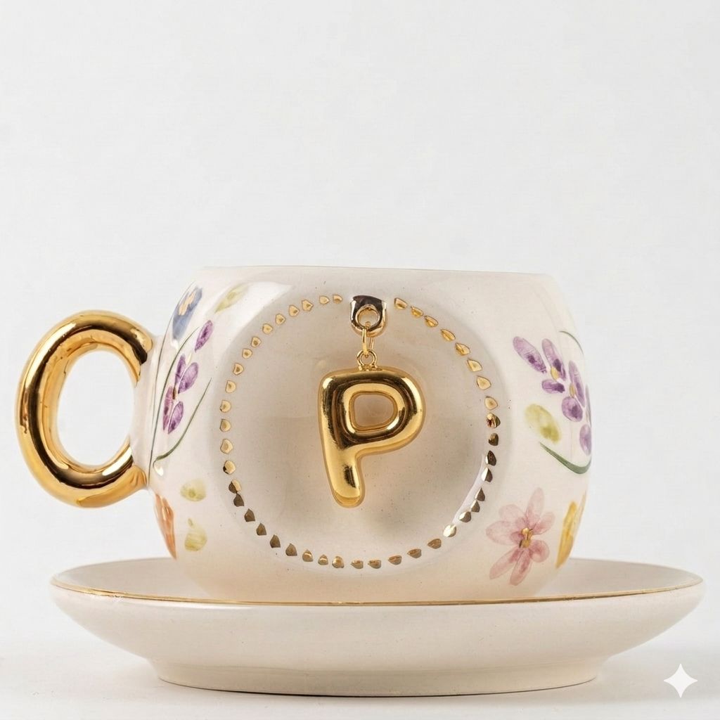 Porcelain Turkish coffee cup and saucer with gold rim, floral design, letter P