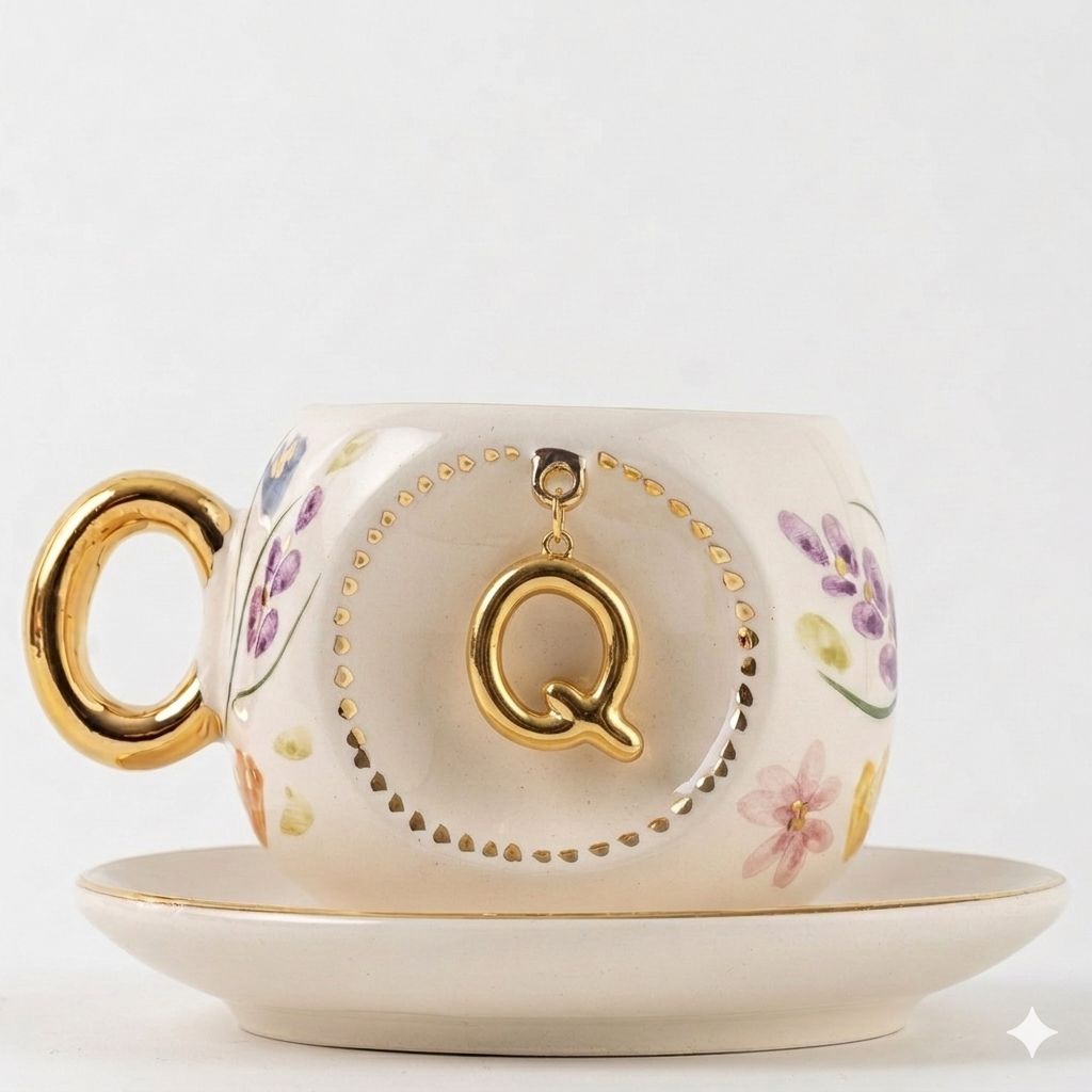 Porcelain Turkish coffee cup and saucer with gold rim, floral design, letter Q