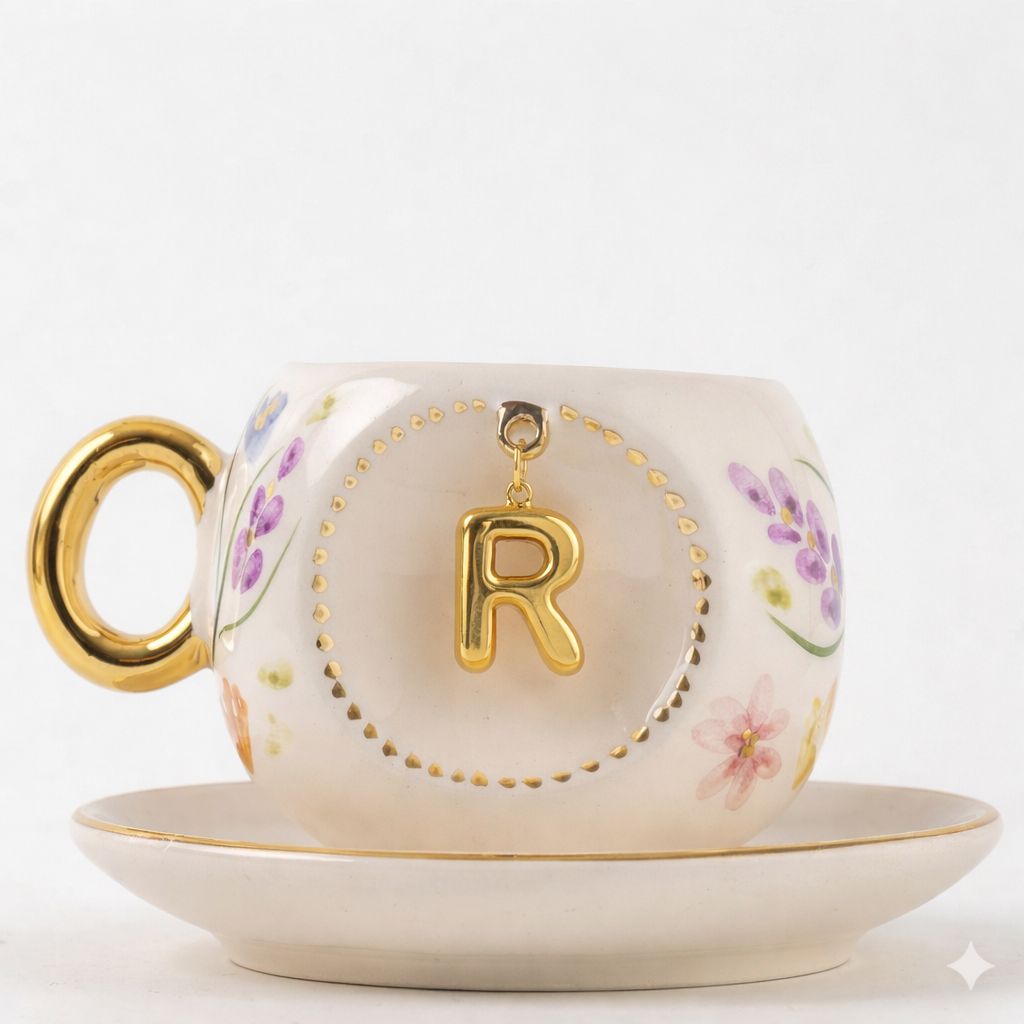 Porcelain Turkish coffee cup and saucer with gold rim, floral design, letter R