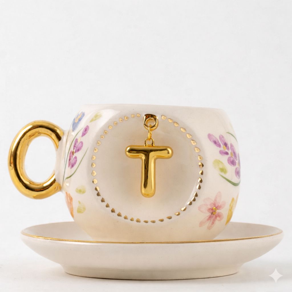 Porcelain Turkish coffee cup and saucer set with gold handle and letter T on center