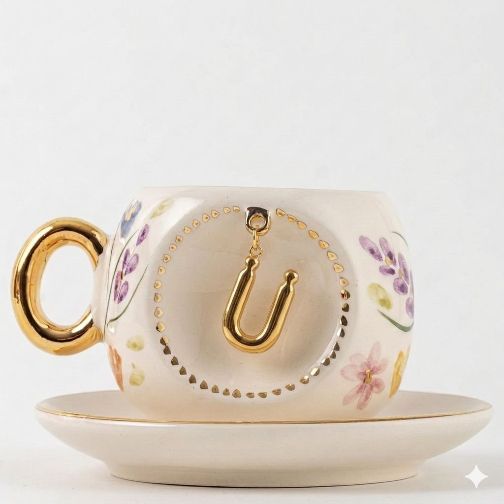 Porcelain Turkish coffee cup with gold rim, floral pattern, letter U medallion