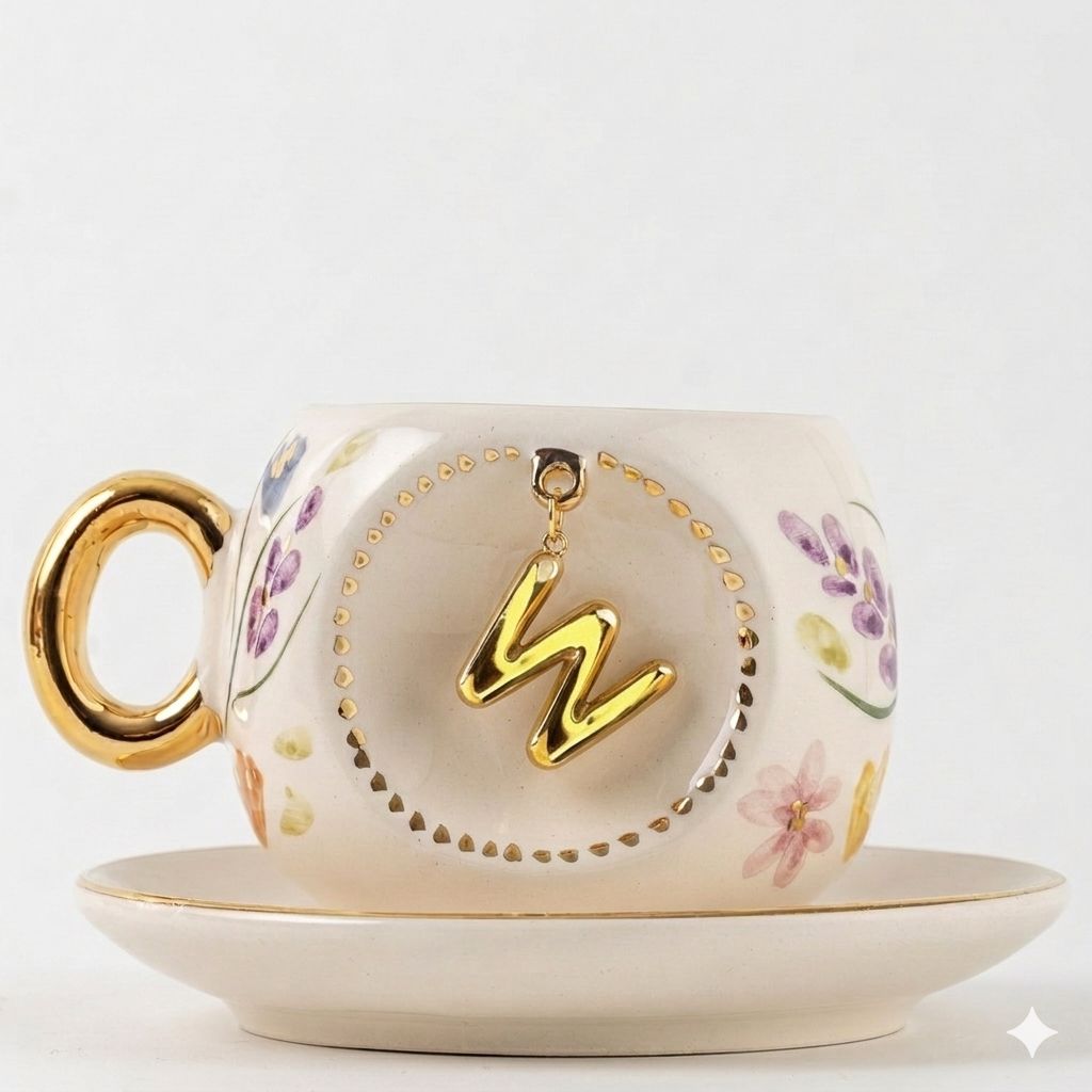 Porcelain Turkish coffee cup with gold rim, floral pattern, letter W medallion