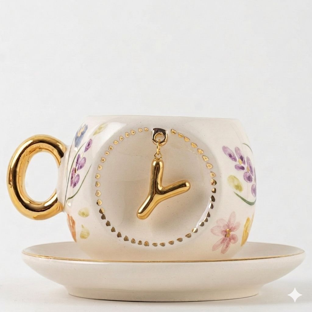 Porcelain Turkish coffee cup with gold rim, floral pattern, letter L medallion
