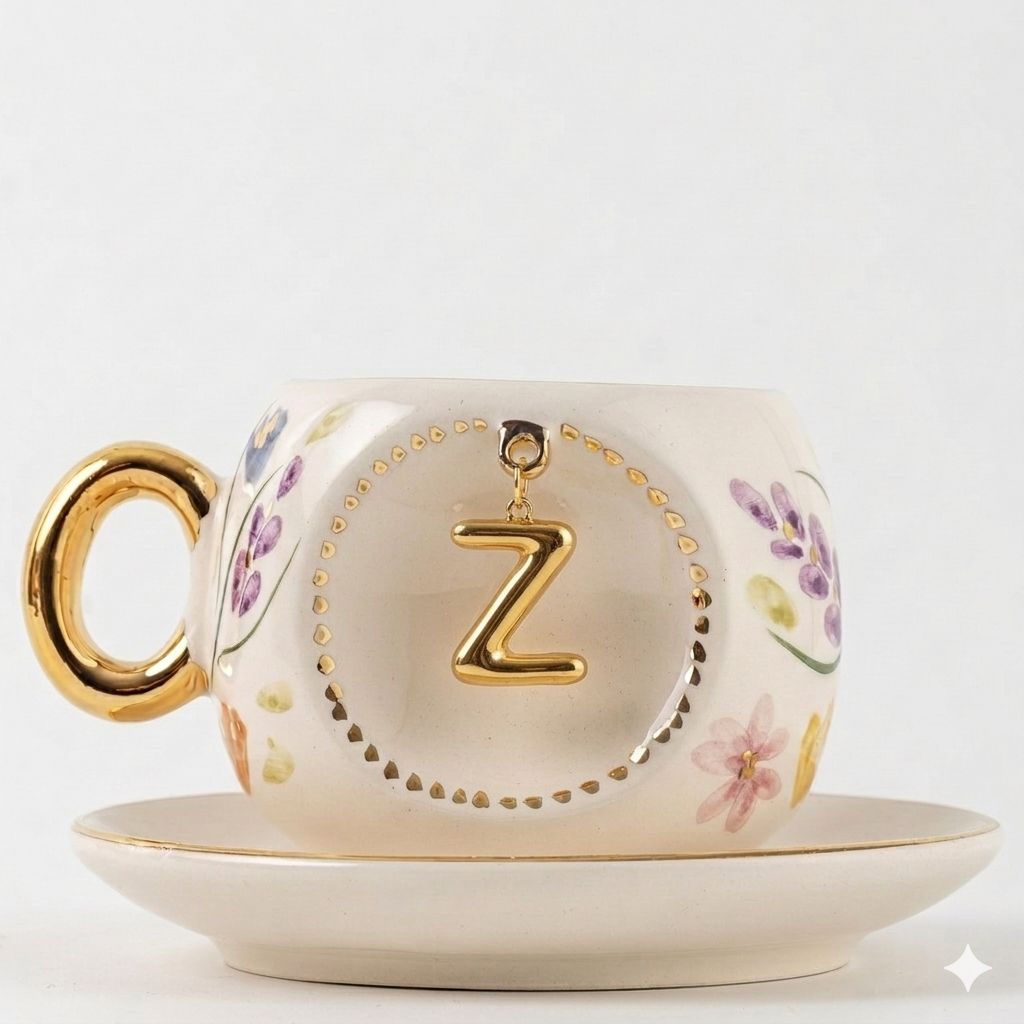 Porcelain Turkish coffee cup with gold rim, floral pattern, letter Z medallion