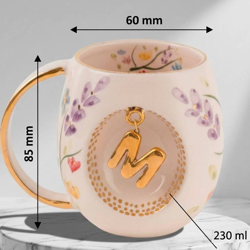 Porcelain letter mug with gold handle, spring floral design, size 85 mm by 60 mm, 230 ml