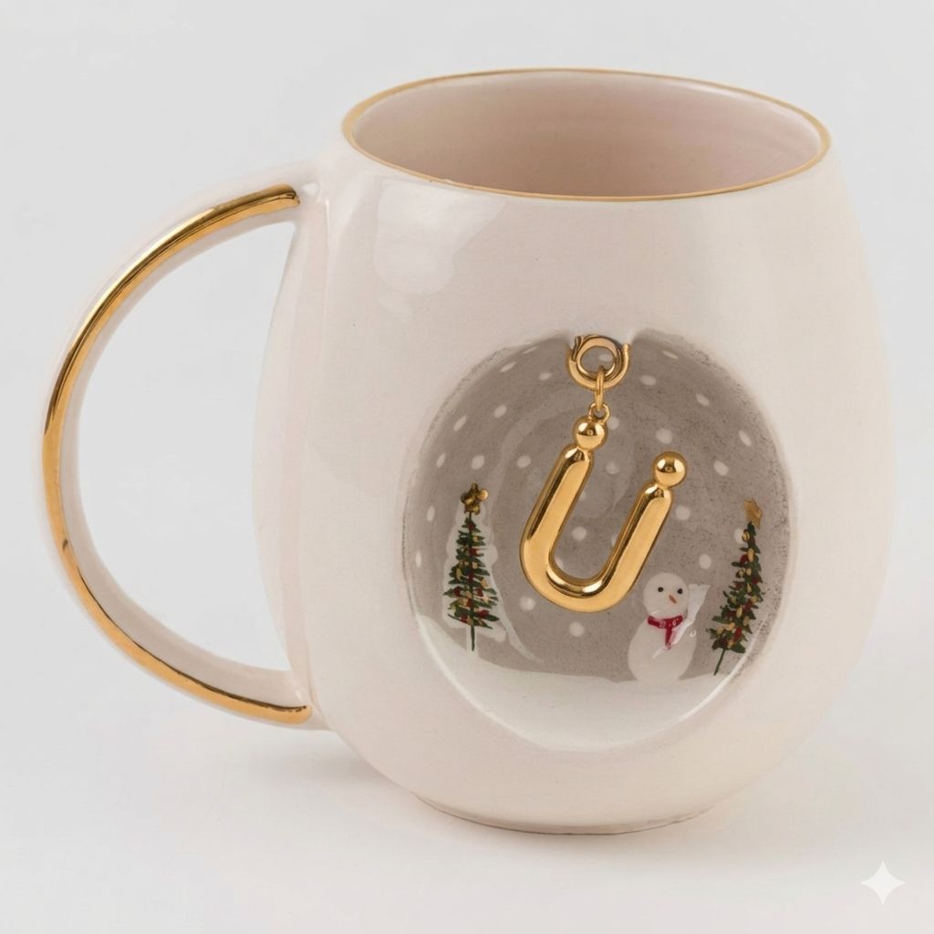 White porcelain mug with gold rim and handle, winter scene with letter J charm