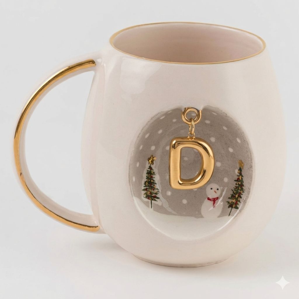 Porcelain mug with gold-trim handle, D charm, winter trees and snowman design
