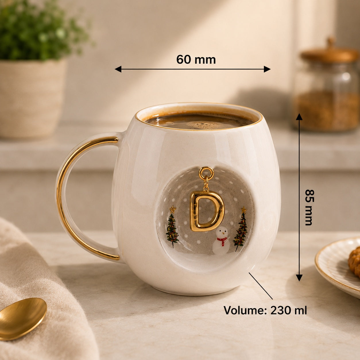 Porcelain mug with gold-tone D letter charm; 230 ml capacity and size markings shown