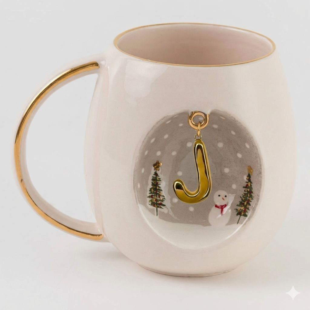 Porcelain mug with gold handle, winter scene medallion and letter J charm