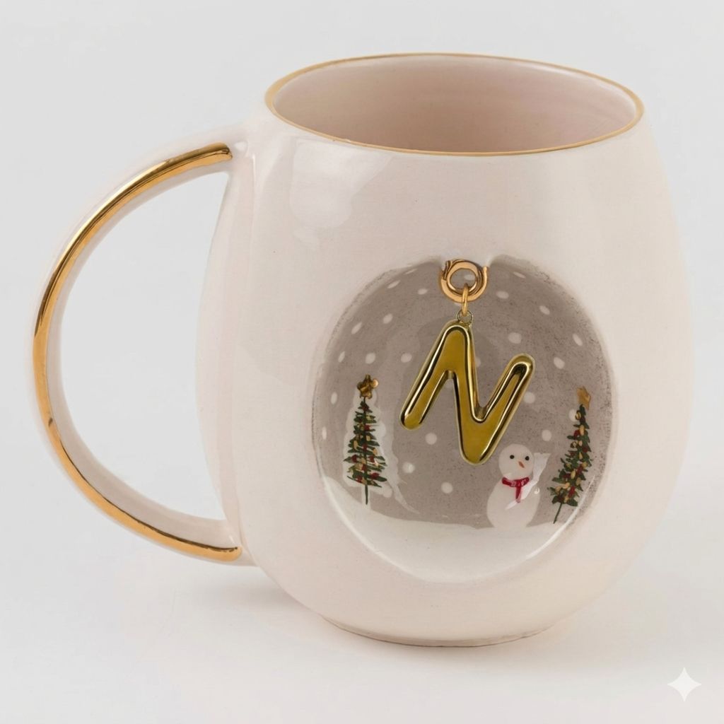 Porcelain mug with gold handle, winter scene medallion and letter N charm
