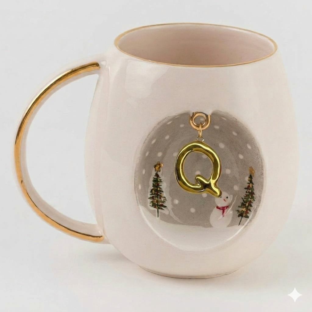 Porcelain mug with gold handle, winter scene medallion and letter Q charm