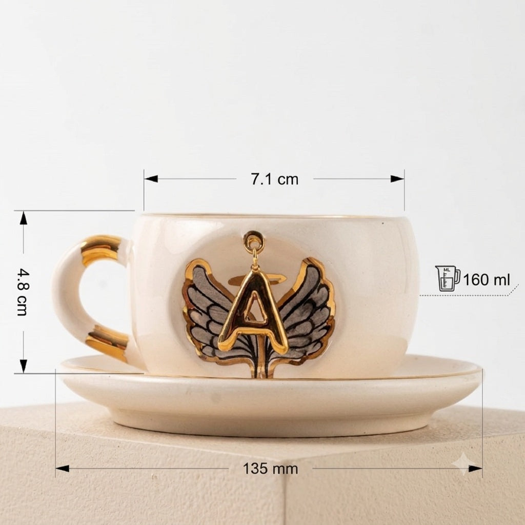 Black Angel Wing Porcelain Cup With Letter