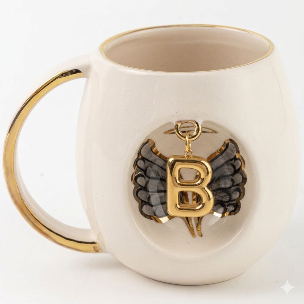 Porcelain mug with gold handle and rim, angel wing motif, gold letter pendant