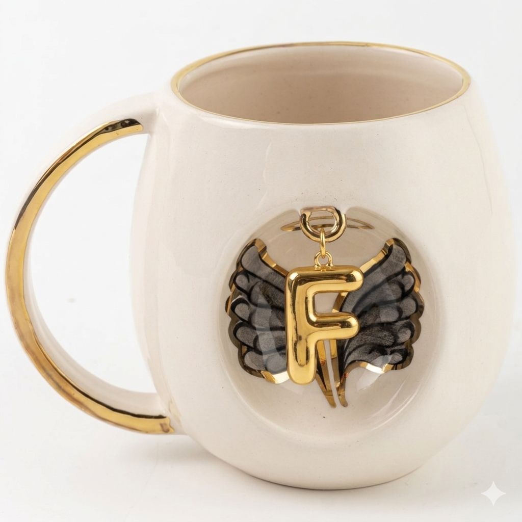 White porcelain mug with gold handle, black angel wings, and gold letter F pendant emblem.