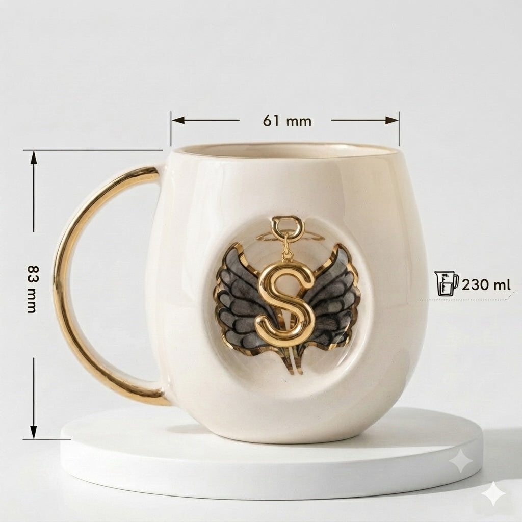 Black Angel Wing Porcelain Mug With Letter 230 ml