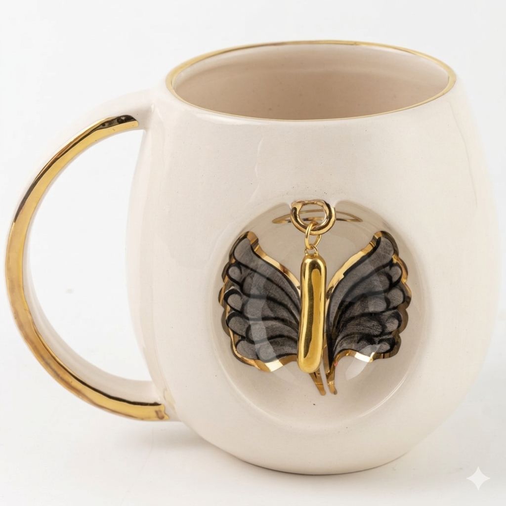 White porcelain mug with gold handle and gold letter charm surrounded by black wing details