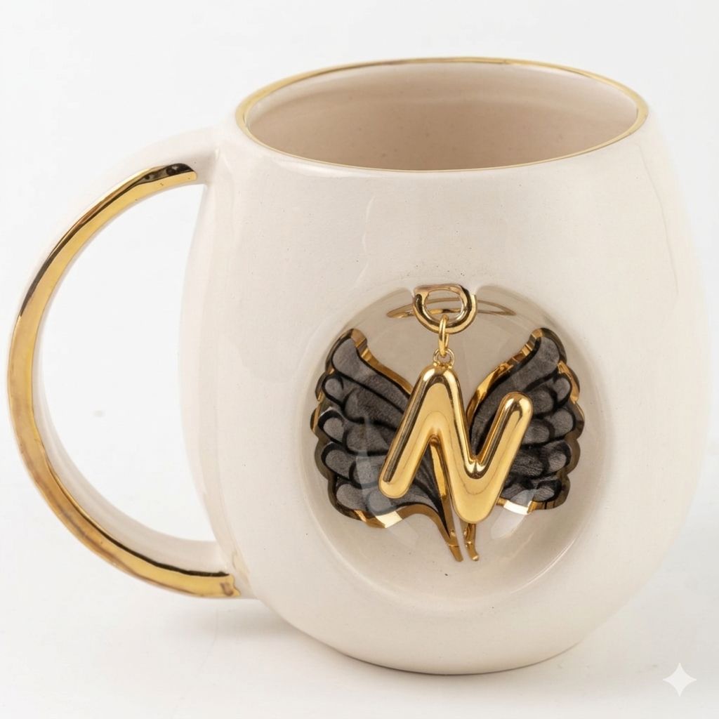 White porcelain mug with gold letter charm and black angel wings on the front, 230 ml