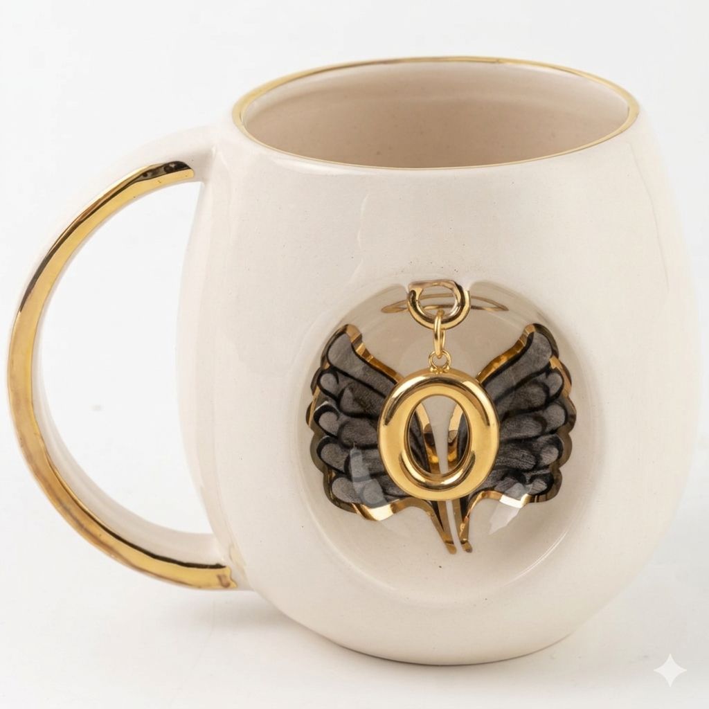 White porcelain mug with gold letter emblem and black angel wing detail, 230 ml