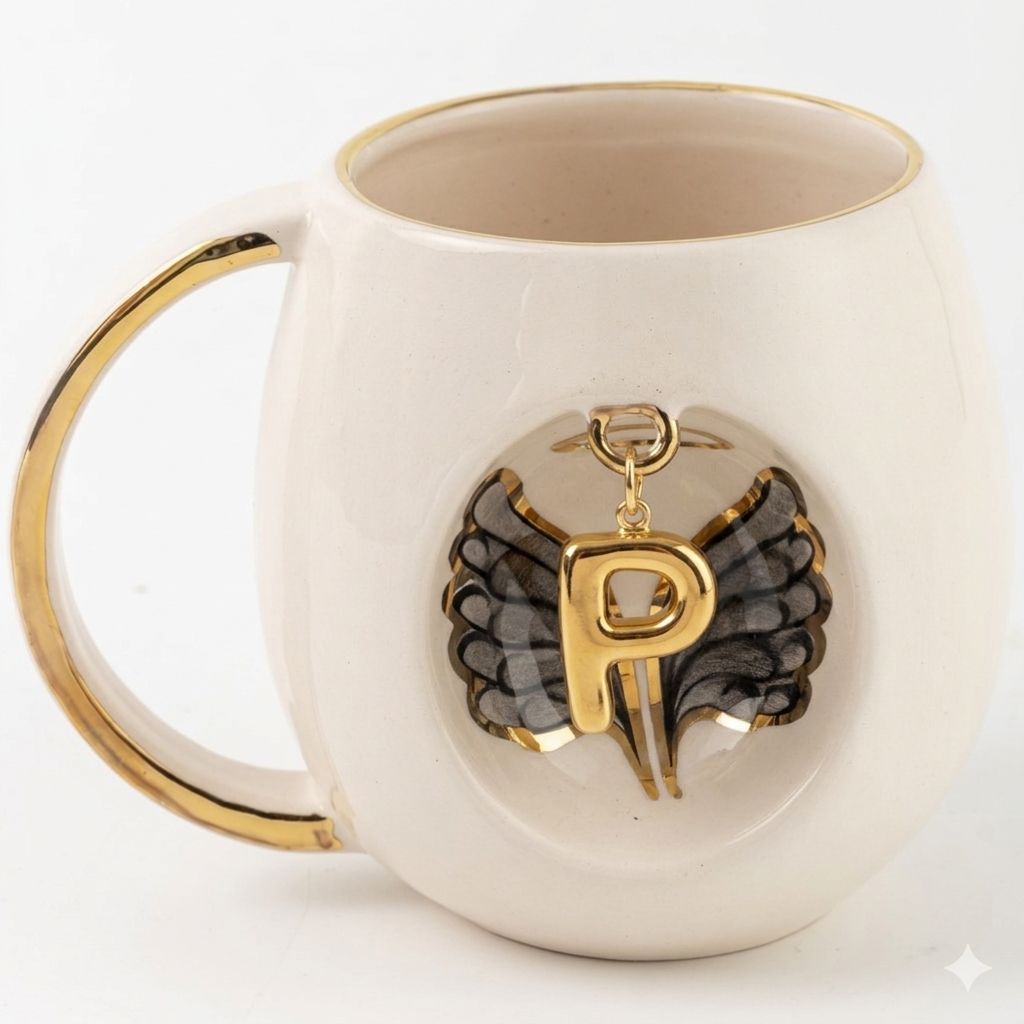 White porcelain mug with gold letter charm and black angel wing emblem, 230 ml capacity