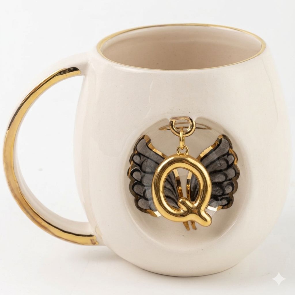 White porcelain mug showing a gold letter charm above black angel wings, 230 ml