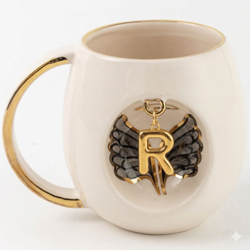 White porcelain mug with gold letter charm and black angel wing motif, 230 ml