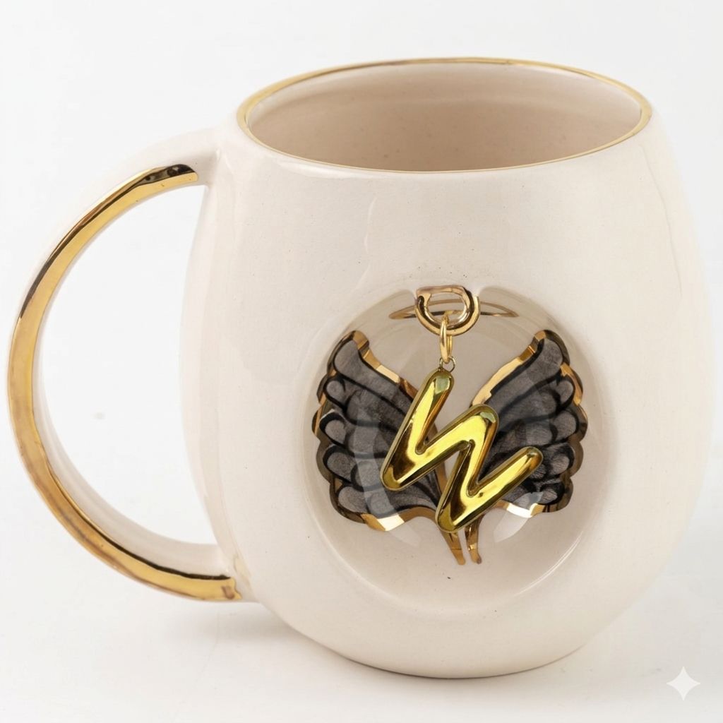 Porcelain mug with gold handle and rim, angel wing motif, gold letter pendant