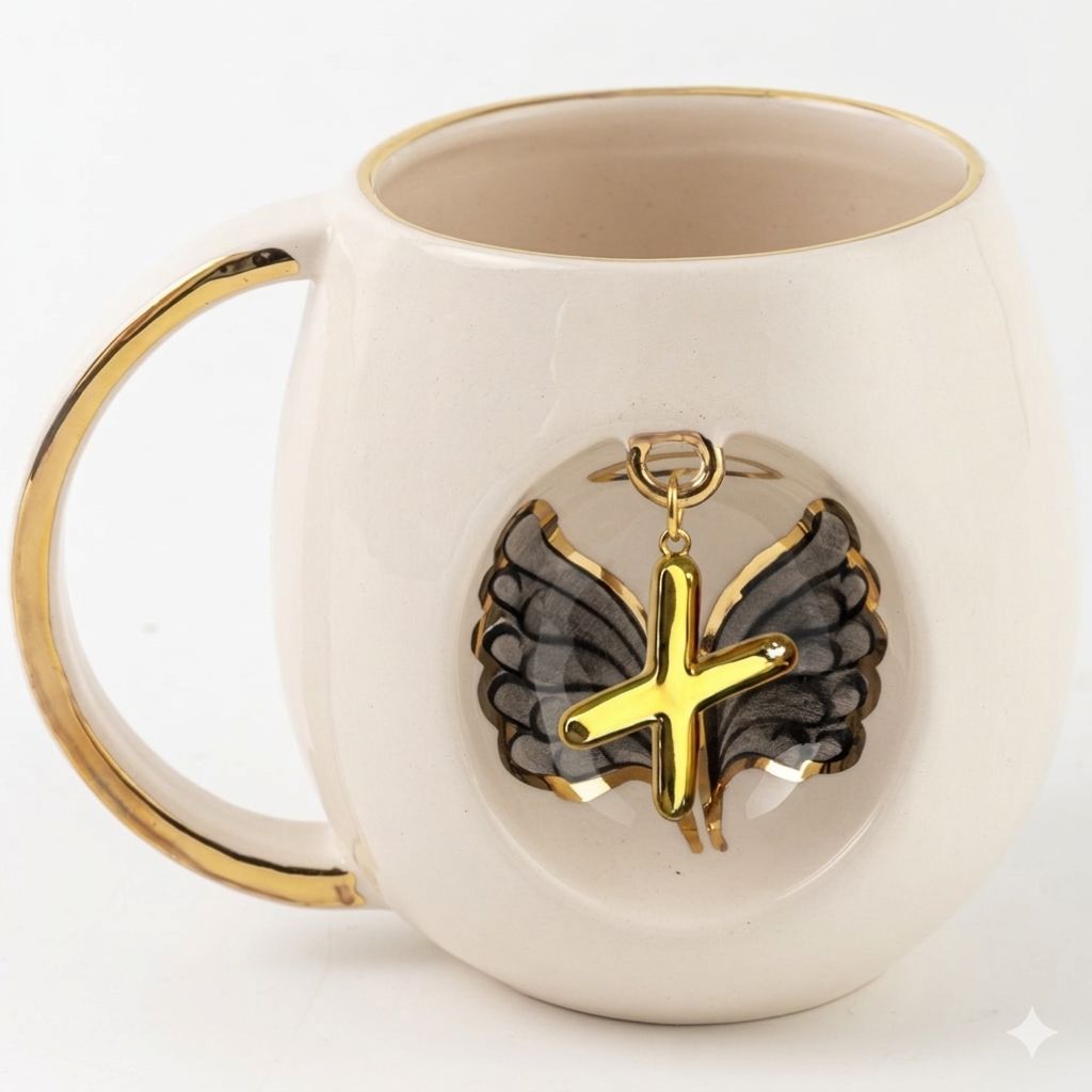 Porcelain mug with gold handle and rim, angel wing motif, gold letter pendant