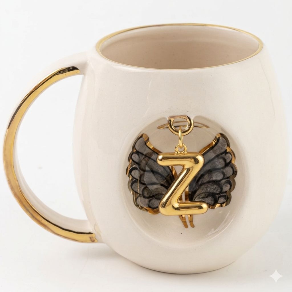 Porcelain mug with gold handle and rim, angel wing motif, gold letter pendant