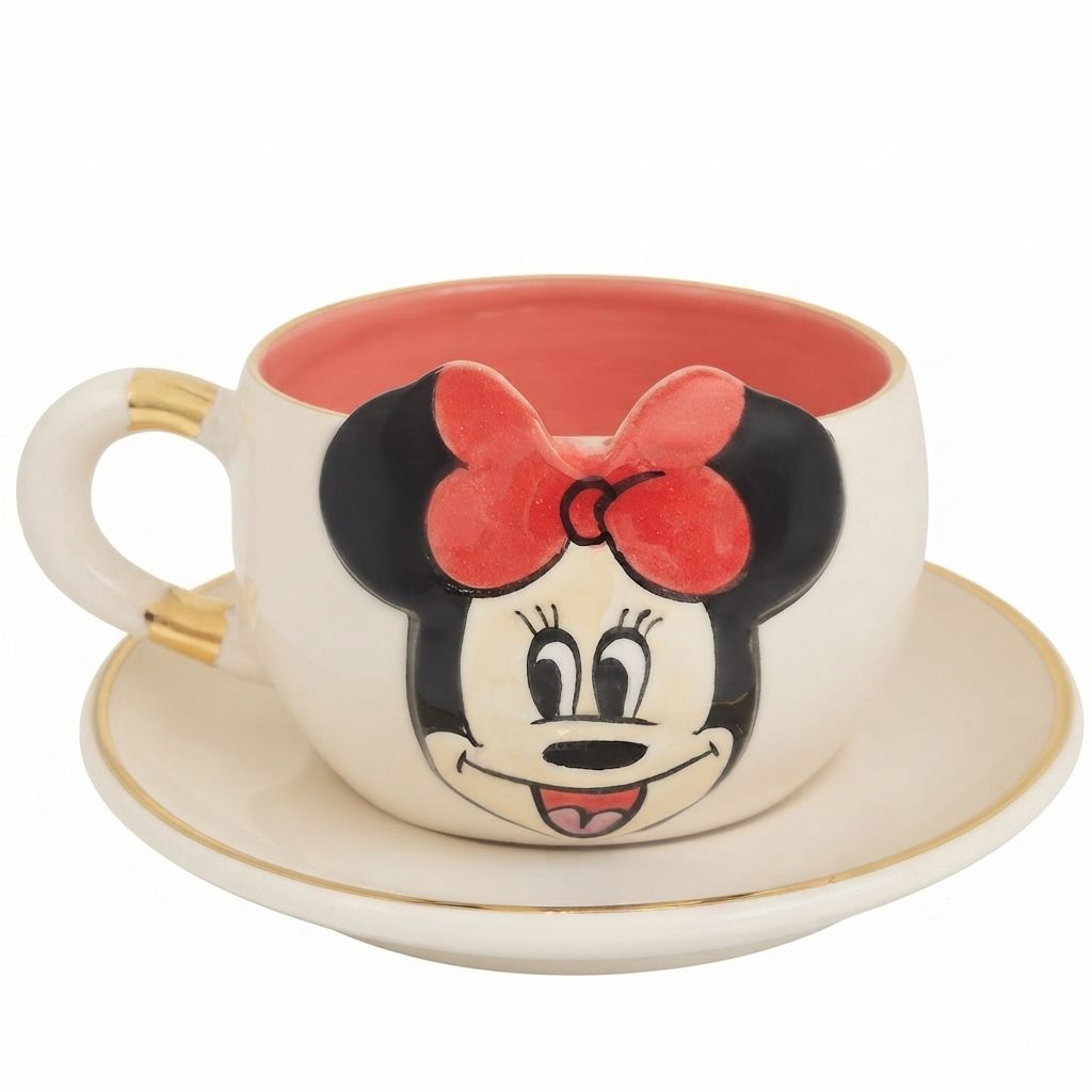 White Minnie Mouse tea mug with red interior, black ears, and red bow, on saucer.