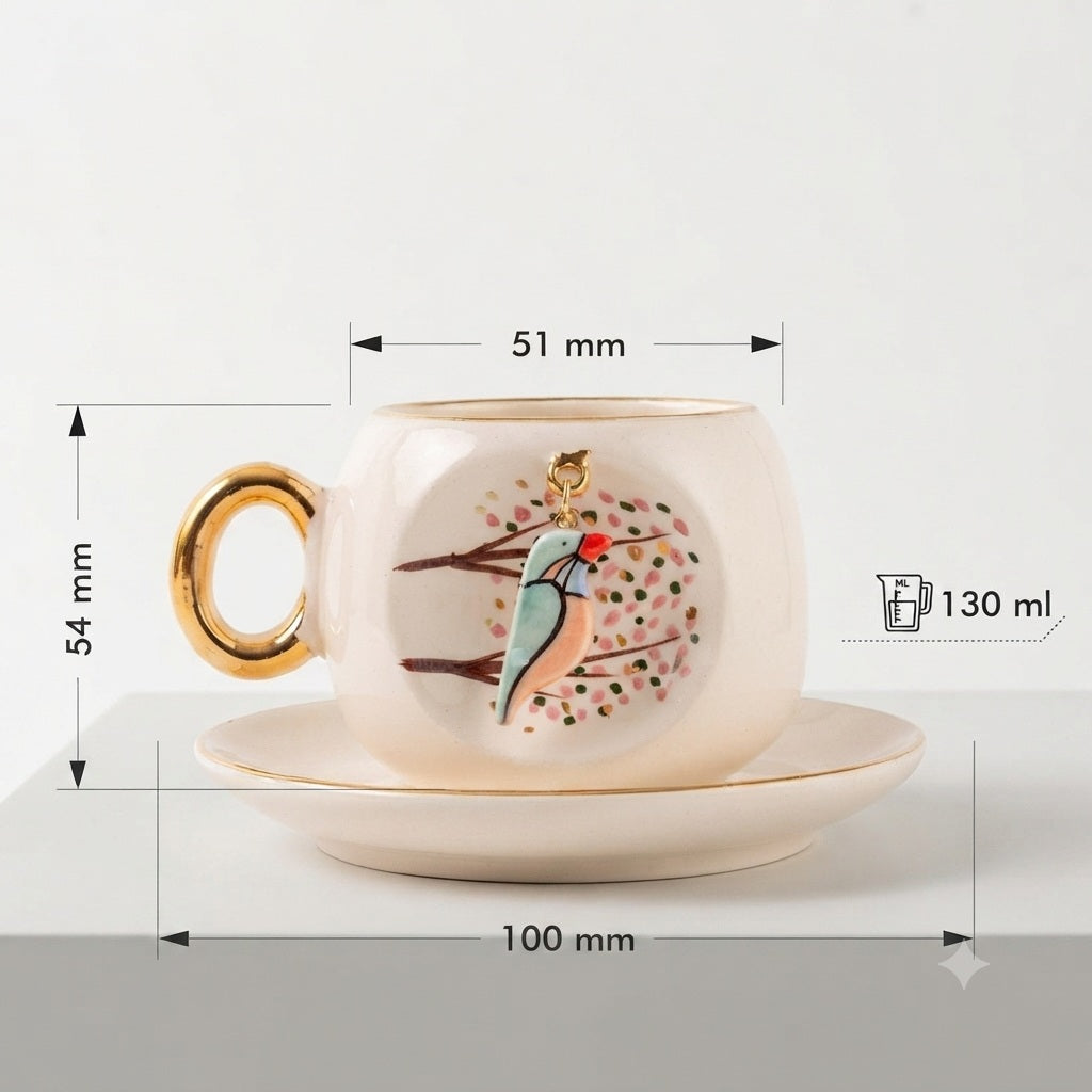 Porcelain coffee cup & saucer, white with gold handle and kingfisher print