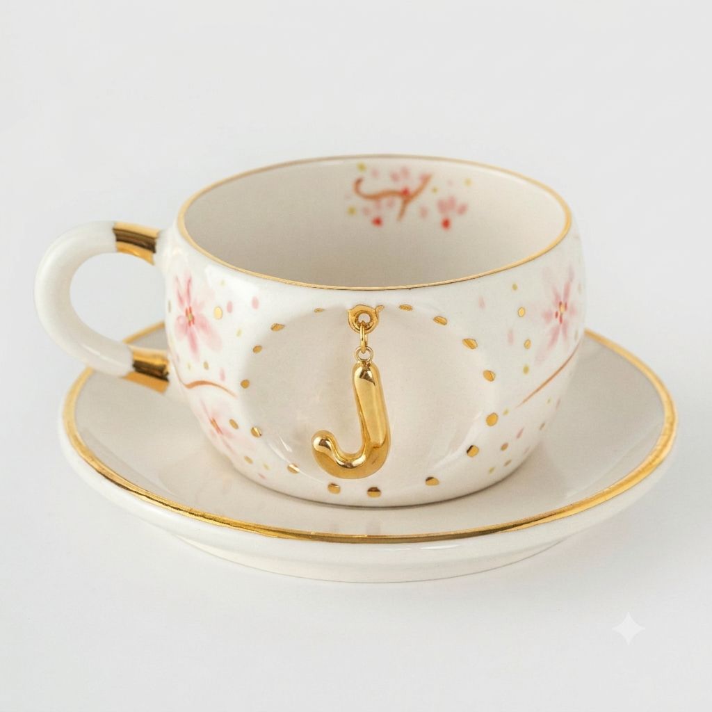 Porcelain letter mug with saucer, gold J charm and delicate floral detail