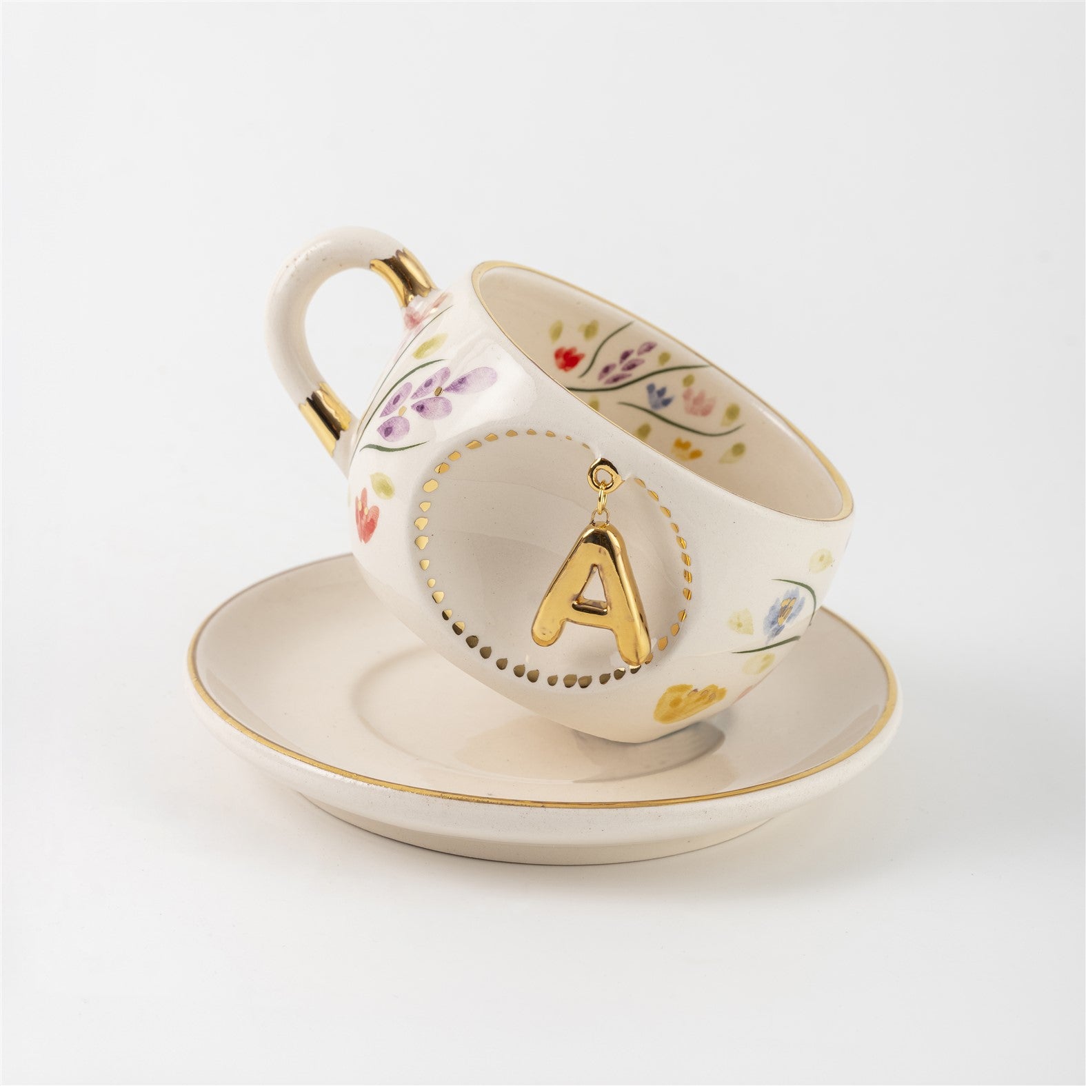 Porcelain letter mug set with saucer, floral motifs, gold rim, letter A
