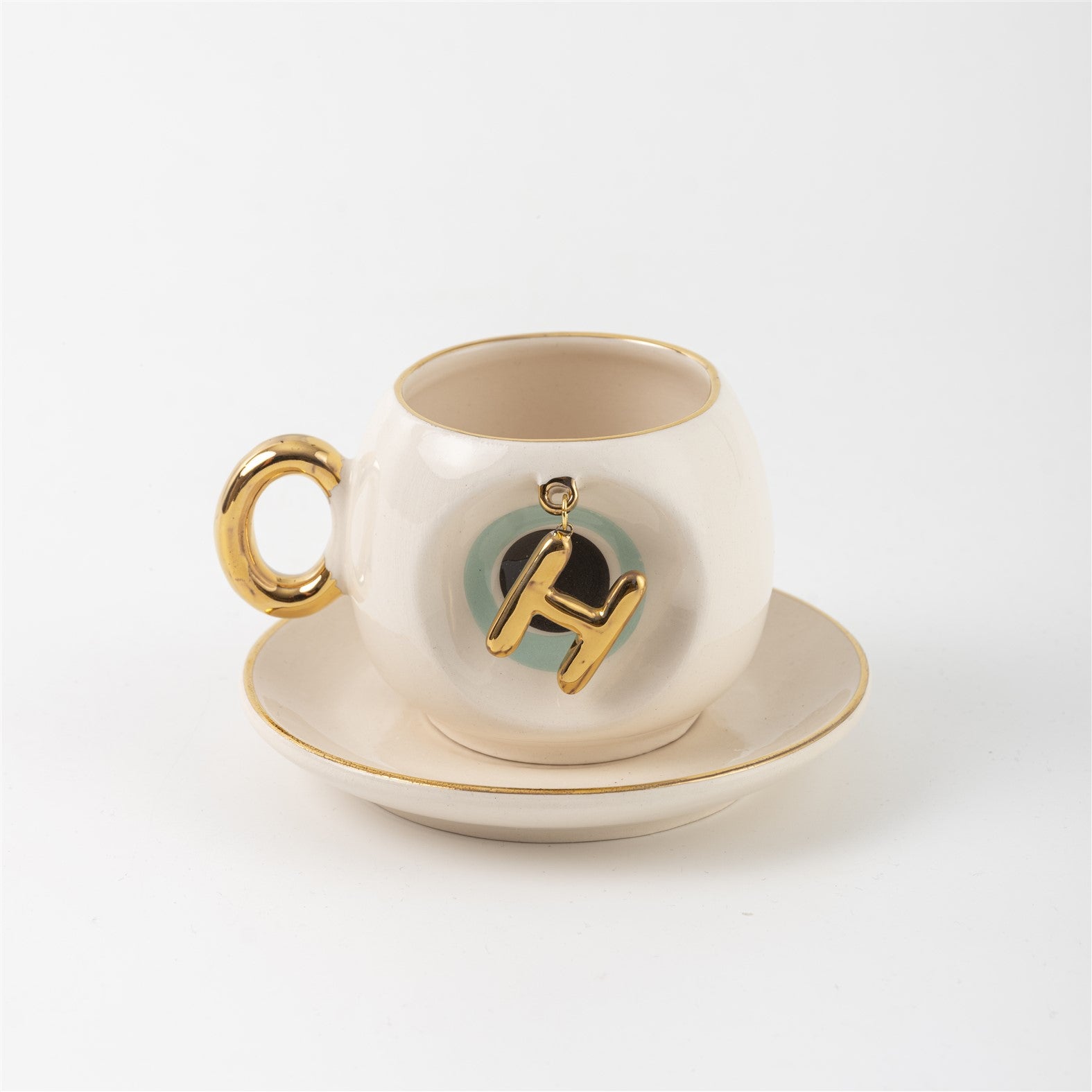 Turkish coffee cup & saucer, white with gold handle, teal letter H charm